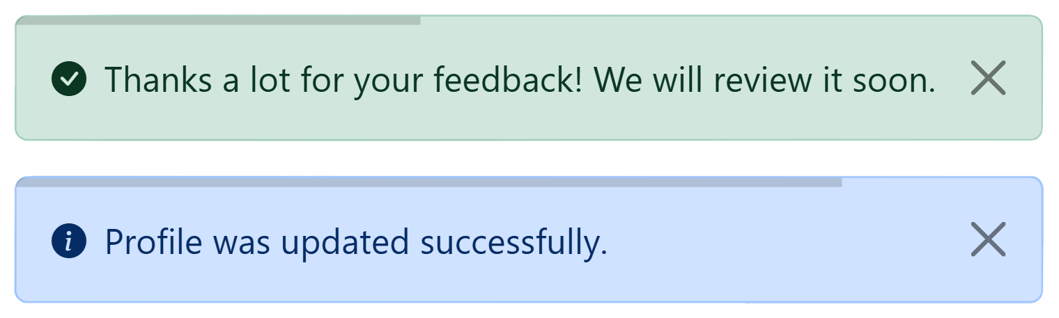 Stacked Flash messages with a progress bar on top of each one indicating when they will close automatically.