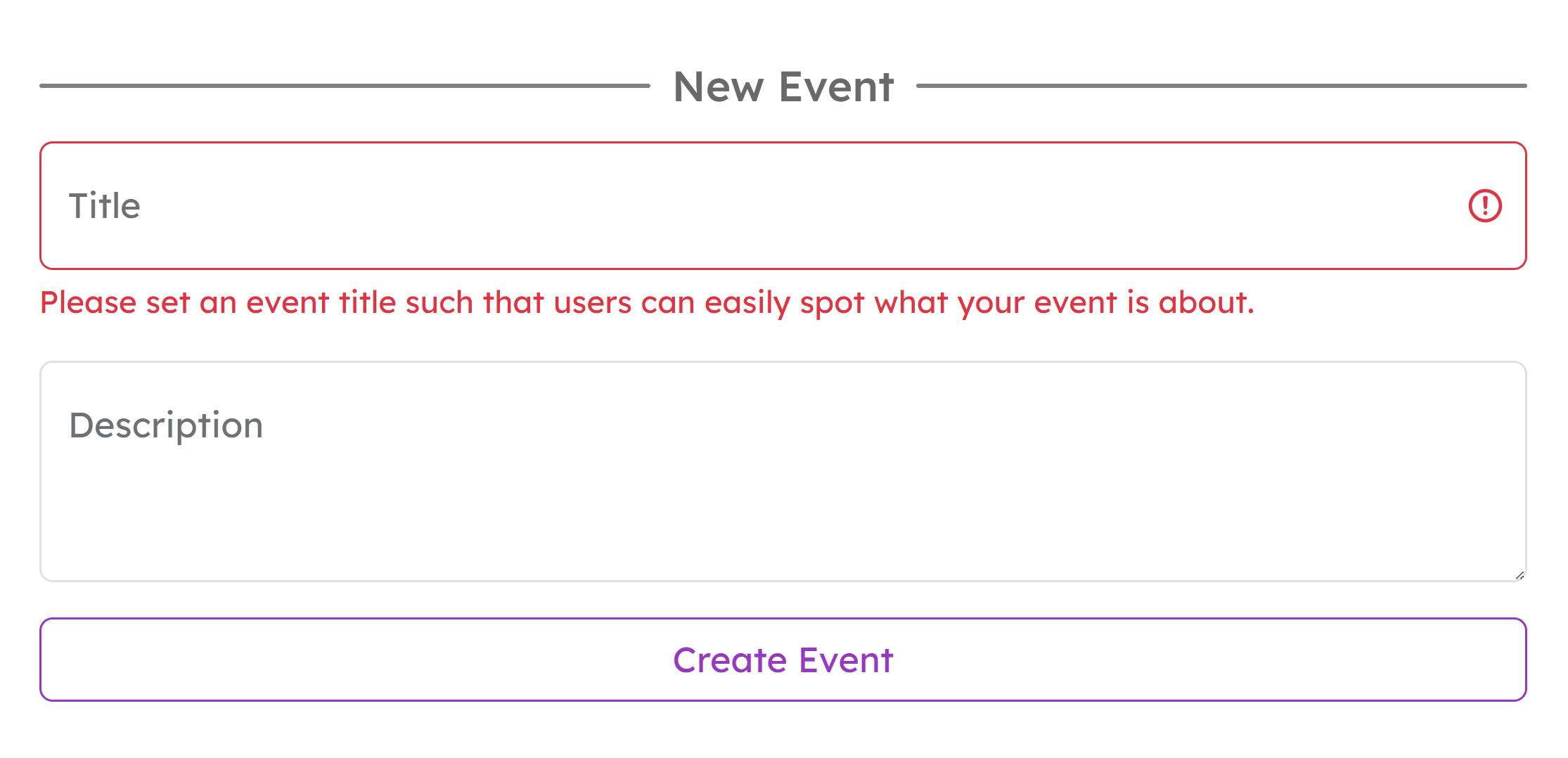 Error message shown on the title field of the events form